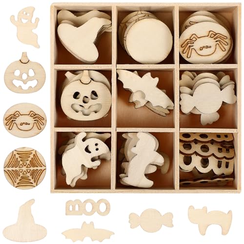 Healifty Halloween Holz Scheiben Mit Box - Spinne Kürbis Form Natürliche Ausschnitte Anhänger Tisch Streu Deko für DIY Handwerk Basteln Bemalen 72 Stücke (Mischmuster) von Healifty