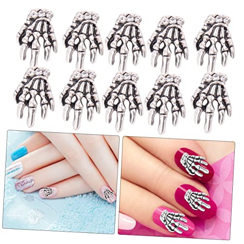 Healvian 10 Stück -Nageldekoration Nagelaufkleber gefälscht Skeletthand Gothic nägel zu hause machen nail art set Nagel Kunst Dekoration DIY Maniküre Nagelkunst Kupfer Silver von Healvian