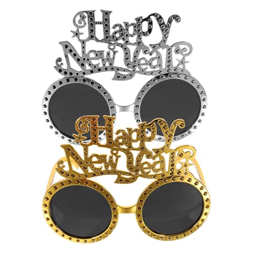 Healvian 2 Stück Happy Year Partybrillen Gold Silber Gläser Neujahrsdekoration Foto Requisiten Lustige Brillen Silikonrahmen Hautfreundlich Festliche Accessoires von Healvian