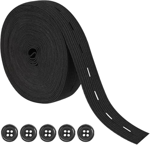 Heanvmyss Flat Elastic Wide Bands,20mmx5m Schwarz Gummiband Nähen,Elastisches Knopfloch-Set mit 5 Knöpfe,Flaches Nähband mit Knopfloch,Lochgummiband für Hosenrock,Stirnband,Stricken,Taillenbändern von Heanvmyss