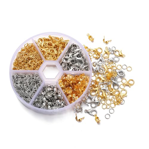 Heanvmyss Kettenverschluss,570 Stück Armband Verschluss Set,Schlüsselanhänger,Karabinerverschluss,Biegeringe,Crimpenden,Schmuckverschluss für Halsketten Armband DIY(Gold+Silver) von Heanvmyss