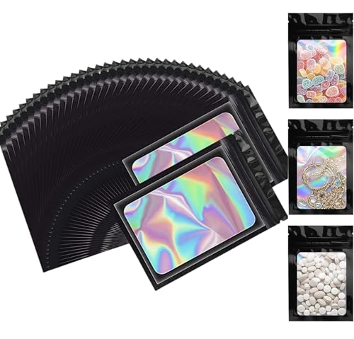 Heanvmyss Mylar Beutel Set,100 Stück Mylar Bags,Baggys,Kleine Holografische Beutel,ReißVerschlussbeutel,WiederverschließBare Beutel,Mehrzweckbeutel für SüßIgkeiten,Kekse,Schmuck(Black,7 * 10cm) von Heanvmyss