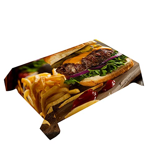 Hearda Tischdecke Abwaschbar Rechteckig, 3D Burger Burrito Pasta Pizza Pommes Bedruckte Polyester Tischdecken Wasserdicht Pflegeleicht Tischtuch für Küche Restaurant (Burger-Set,150x210cm) von Hearda