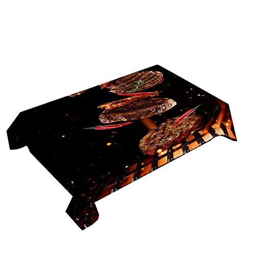 Hearda Tischdecke Abwaschbar Rechteckig, 3D Burger Burrito Pasta Pizza Pommes Bedruckte Polyester Tischdecken Wasserdicht Pflegeleicht Tischtuch für Küche Restaurant (Holzkohlesteak,150x210cm) von Hearda