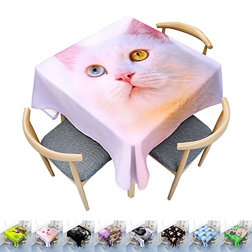 Hearda Tischdecke Abwaschbar Rechteckig, 3D-Katzen- und Hundedruck Polyester Tischdecken Wasserdicht Pflegeleicht Tischtuch für Küche Party Bar Restaurant (weiße Katze,90x90cm) von Hearda