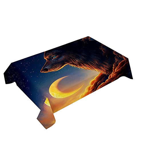 Hearda Tischdecke Abwaschbar Rechteckig, 3D Mond Wolf Druck Polyester Tischdecken Wasserdicht Pflegeleicht Tischtuch für Küche Party Bar Restaurant (Der schiefe Mond,140x180cm) von Hearda