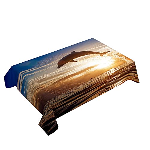 Hearda Tischdecke Abwaschbar Rechteckig, 3D Ozean Delphin Druck Polyester Tischdecken Wasserdicht Pflegeleicht Tischtuch für Küche Party Bar Restaurant (Sonnenaufgang Delphin,100x140cm) von Hearda