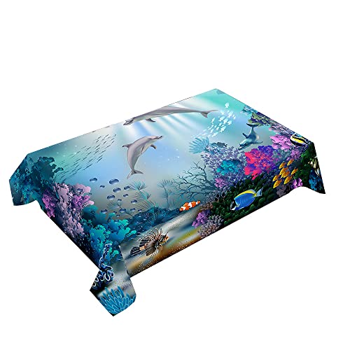 Hearda Tischdecke Abwaschbar Rechteckig, 3D Ozean Delphin Druck Polyester Tischdecken Wasserdicht Pflegeleicht Tischtuch für Küche Party Bar Restaurant (Unterwasserwelt,100x140cm) von Hearda