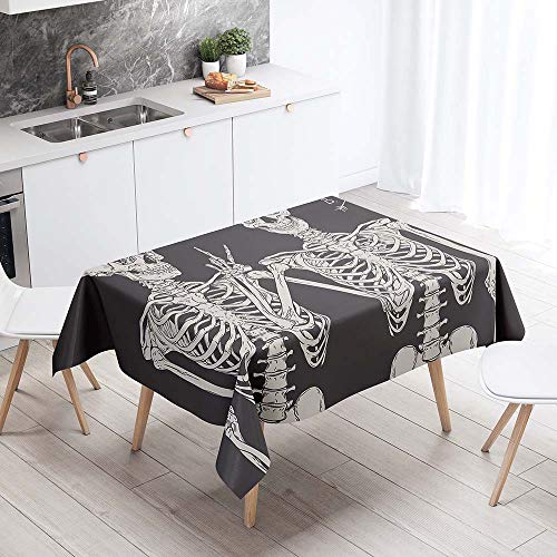 Hearda Tischdecke Abwaschbar Rechteckig, 3D Schwarzer Schädel Polyester Tischdecken Wasserdicht Pflegeleicht Tischtuch für Küche Party Outdoor Garten - Nicht-Wachstuch (Weißes Skelett,120x120cm) von Hearda