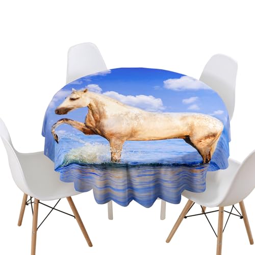 Hearda Tischdecke Abwaschbar Runde, 3D-Pferdedruck Polyester Tischdecken Wasserdicht Pflegeleicht Tischtuch für Küche Party Bar Restaurant (Durchmesser 120cm,weißes Pferd 3) von Hearda