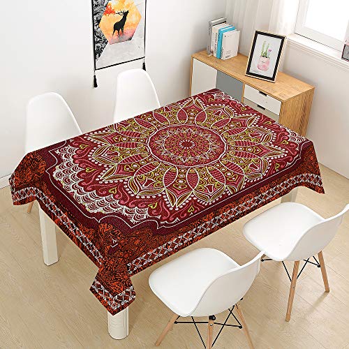 Hearda Tischdecke Wasserdicht Polyester, Tischdecke mit Vintage Mandala Druck Pflegeleicht Fleckschutz Abwaschbar Outdoor Garten Deko, für Rechteckige/Runde Tische (Roter Stil,140x180cm) von Hearda