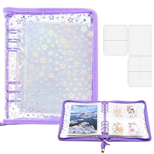 A5-Aufkleber-Aufbewahrungsordner mit Reißverschluss, wiederverwendbares Aufkleber-Organizer-Album mit Taschen, perfekt zum Sammeln, Organisieren und Präsentieren von Aufklebern (Stern-Lila) von Hearoo