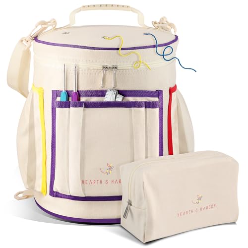 Hearth & Harbor Häkeltaschen-Organizer – langlebige Stricktasche, Garn-Organizer für Häkelzubehör und Zubehör, Segeltuch-Garn-Tasche, Häkel-Organizer mit Zubehörtasche, Garnaufbewahrungs-Organizer von Hearth & Harbor