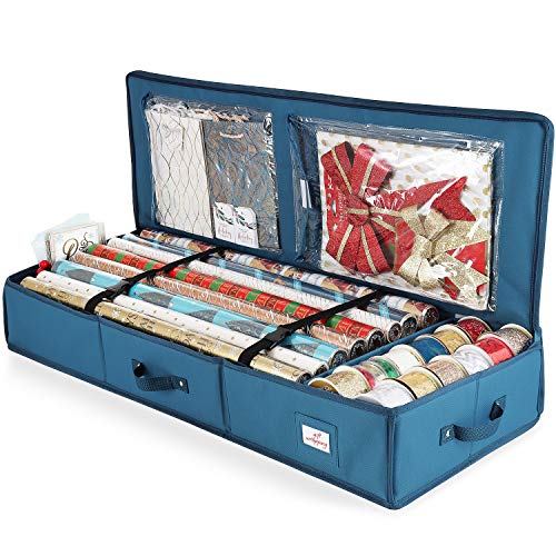 Hearth & Harbor Luxus Weihnachten Organizer Geschenkpapier Rollen Bettbehälter Aufbewahrungsbox für Urlaub Zubehör 600D Oxford Polyester Gewebe Medium stahlblau von Hearth & Harbor
