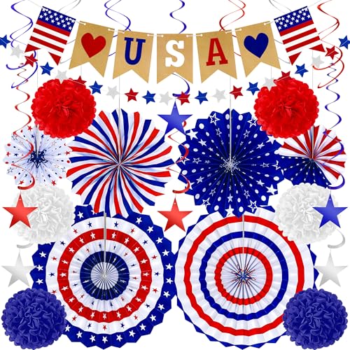 26 Stück 4. Juli Dekorationen, rot-weiß-blaue Papierfächer in patriotischen Designs, Banner zum 4. Juli, Banner, Pompon, Sterngirlande und hängende Wirbel, Set für den 4. Juli, Unabhängigkeitstag 26 Stück 4. Juli Dekorationen, rot-weiß-blaue Papierfächer in patriotischen Designs, Banner zum 4. Juli, Banner, Pompon, Sterngirlande und hängende Wirbel, Set für den 4. Juli, Unabhängigkeitstag von Heartome
