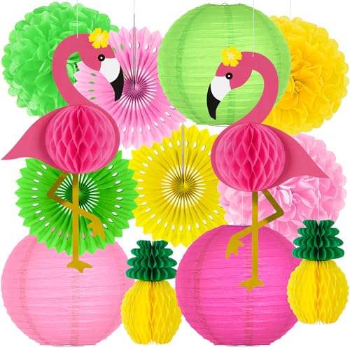 Heartome Hawaiianische Party-Dekorationen, Luau-Party-Dekorationen, Flamingo- und Ananas-Waben-Papierblumen, Fächer und Balllaternen für Sommer, tropische Strand-Party-Dekorationen, Zubehör von Heartome