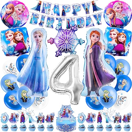 4 Jahre Frozen Geburtstagsdeko, Eiskönigin Geburtstagsdeko Frozen Deko Geburtstag 4 Jahre Mädchen mit Luftballons, Birthday Banner, Tortendeko für Kinder Geburtstag Dekoration von Heartsking