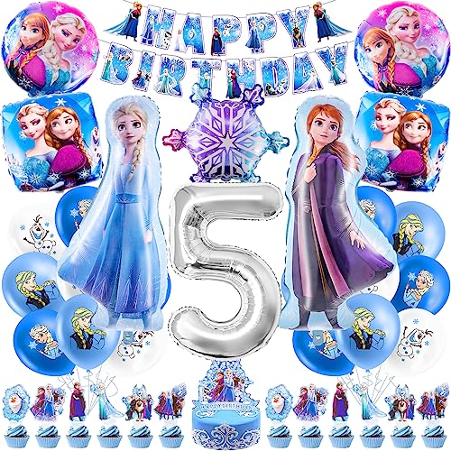 5 Jahre Frozen Geburtstagsdeko, 40 Stück Eiskönigin Geburtstagsdeko Frozen Deko Geburtstag 5 Jahre Mädchen mit Luftballons, Birthday Banner, Tortendeko für Kinder Geburtstag Dekoration von Heartsking