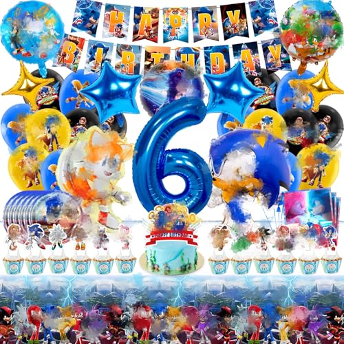 65 Stück Cartoon Geburtstagsdeko, 6th Birthday Partygeschirr Set , Geburtstag Deko Geschirr Kit Pappteller, Cake Topper, Banner, Servietten, Tischdecken, Luftballons 65 Stück Cartoon Geburtstagsdeko, 6th Birthday Partygeschirr Set , Geburtstag Deko Geschirr Kit Pappteller, Cake Topper, Banner, Servietten, Tischdecken, Luftballons von Heartsking