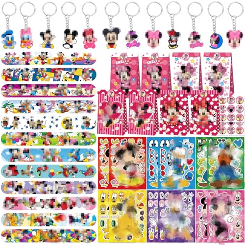 66 Pcs Mitgebsel Kindergeburtstag, Rosa Mouse Geburtstag Deko Geburtstagsdeko 12 DIY Aufkleber 12 Schlüsselschnalle 12 Schnapparmband Kinder 12 Geburtstagstüten 18 Geburtstagstüten Aufkleber von Heartsking