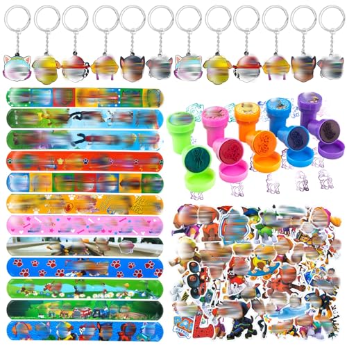 84 Pcs Mitgebsel Kindergeburtstag, Dog Geburtstag Deko Geburtstagsdeko 10 Stempel 50 Aufkleber 12 Schlüsselschnalle 12 Schnapparmband Give Aways Pinata für Kinder Jungen von Heartsking