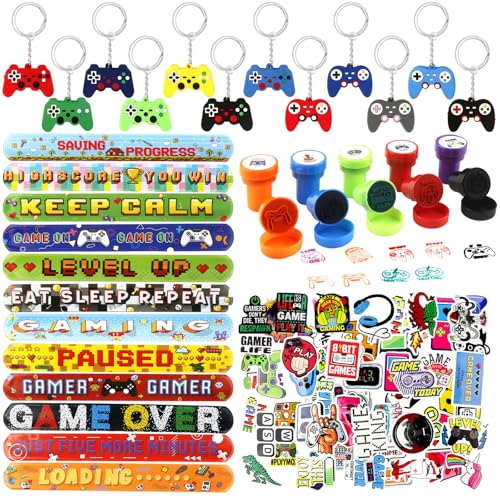 84 Pcs Mitgebsel Kindergeburtstag, Videospiel Geburtstag Deko Geburtstagsdeko 10 Stempel 50 Aufkleber 12 Schlüsselschnalle 12 Schnapparmband Give Aways Pinata für Kinder Jungen von Heartsking