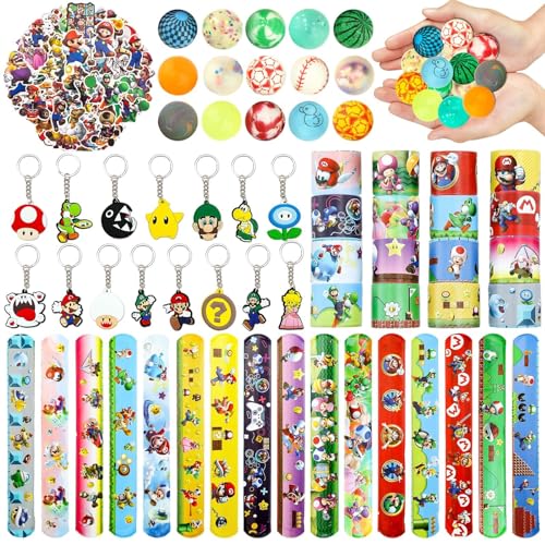 96 Pcs Mitgebsel Kindergeburtstag, Party Mitgebsel Spielzeug Geburtstagsdeko 15 Schlüsselschnalle 16 Schnapparmband Kinder 50 Aufkleber 15 Zufällig Flummis Geburtstag Mario Deko Zubehör Gadget Kinder von Heartsking