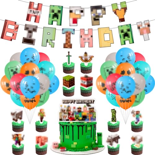 Gamer Geburtstagsdeko,38 Stück Pixel Style Tortendeko Video Game Party Dekoration Lieferungen Enthält Geburtstag Deko Luftballons,Tortenaufleger Dekoration, Happy Birthday Banner von Heartsking