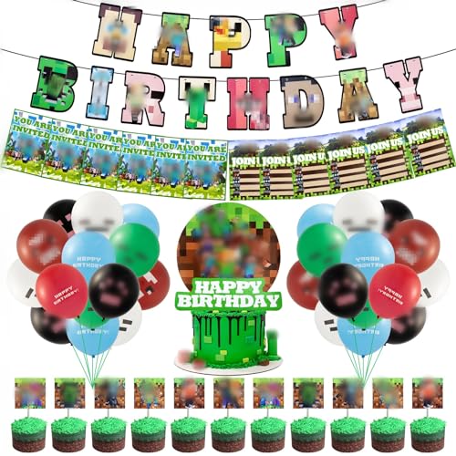 Gamer Geburtstagsdeko, 48 Stück Thema Party Dekoration 1 Happy Birthday Banner 10 Einladungen 13 Cake Topper 24 Luftballons Pixel Gaming Geburtstag Deko Tortendeko Heartsking Green Luftballoons 2 von Heartsking