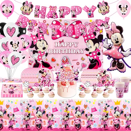 Kindergeburtstag Deko-Minnie Mouse Geburtstagsdeko 135 Stück Schön Geburtstag deko Pappteller Kindergeburtstag Birthday Party Supplies Geburtstag Teller Set Folienballon für Themenparty von Heartsking