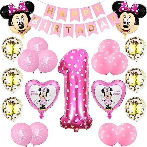 Geburtstagsdeko 1 Jahr Mädchen, 22 Stück Minnie Mouse Meburtstagsdeko Folienballon Geburtstag Birthday Party Supplies mit Happy Birthday Banner, Luftballons für Deko Geburtstag Party von Heartsking