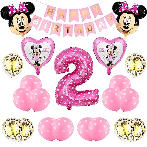 Geburtstagsdeko 2 Jahr Mädchen, 22 Stück Minnie Mouse Meburtstagsdeko Folienballon Geburtstag Birthday Party Supplies mit Happy Birthday Banner Luftballons für Deko Geburtstag Party von Heartsking