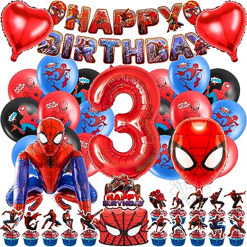 Geburtstagsdeko 3 Jahre, 3D Spider Luftballon Kindergeburtstag Deko Geburtstag, Kinder Party Deko, Tortendeko, Happy Birthday Banner für Jungen, Mädchen, Kinder, Thema Party von Heartsking