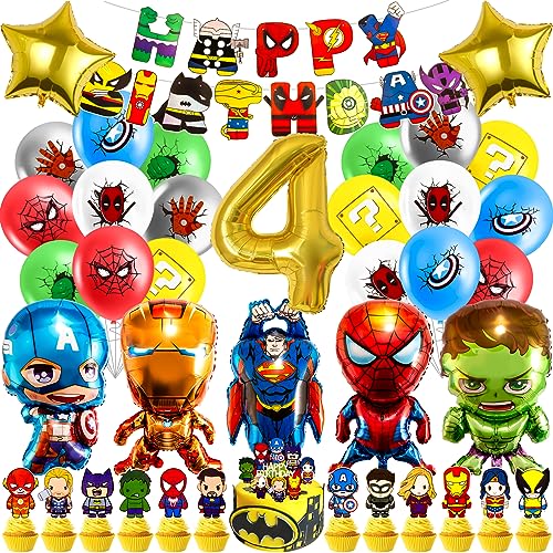 Superhelden Geburtstagsdeko 4 Jahre, Hero Luftballon Kindergeburtstag Deko Geburtstag, Kinder Party Deko, Tortendeko, Happy Birthday Banner für Jungen, Mädchen, Kinder, Thema Party von Heartsking