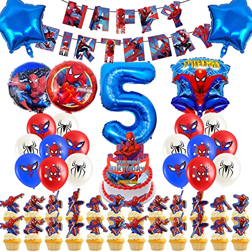 Geburtstagsdeko 5 Jahre, 52 Stück Spider Deko Geburtstag Kinder 6 Luftballons Party Deko Geburtstag mit Folienballons ,Themenparty Banner, Kuchen Deko für Mädchen Junge von Heartsking