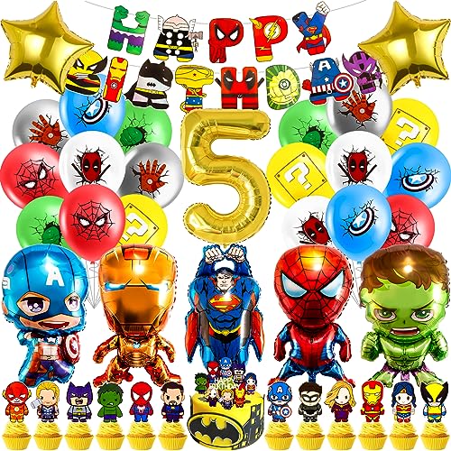 Superhelden Geburtstagsdeko 5 Jahre, Hero Luftballon Kindergeburtstag Deko Geburtstag,Kinder Party Deko, Tortendeko, Happy Birthday Banner für Jungen, Mädchen, Kinder, Thema Party von Heartsking