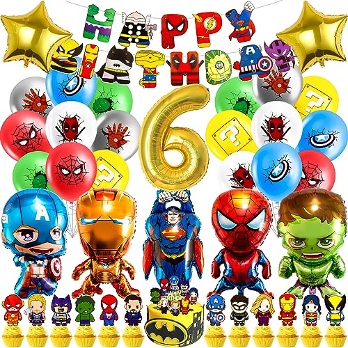 Superhelden Geburtstagsdeko 6 Jahre, Hero Luftballon Kindergeburtstag Deko Geburtstag,Kinder Party Deko, Tortendeko, Happy Birthday Banner für Jungen, Mädchen, Kinder, Thema Party von Heartsking