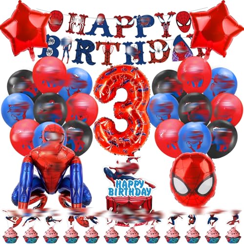 Geburtstagsdeko 3 Jahre, 3D Spider Luftballon Kindergeburtstag Deko Geburtstag, Kinder Party Deko, Tortendeko, Happy Birthday Banner für Jungen, Mädchen, Kinder, Thema Party von Heartsking