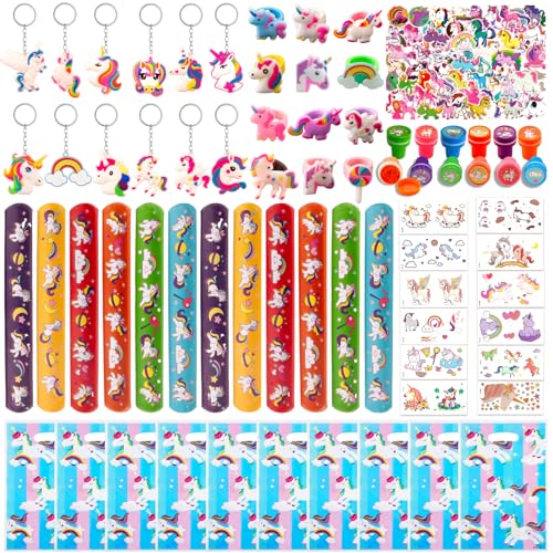 Kindergeburtstag Gastgeschenke, 120 Pcs Unicorn Mitgebsel Geburtstagstüten Kinder Mit Stempel Tattoos Aufkleber Schnapparmband Schlüsselschnalle Geschenktüten Aufklebern Ringe Junge Mädchen von Heartsking