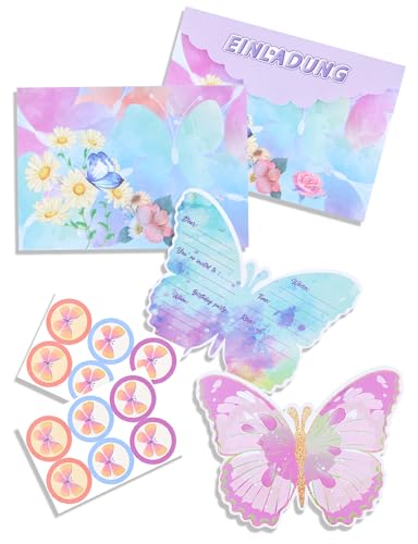 Heartsking 12 Stück Schmetterling Einladungskarten, Einladung Kindergeburtstag für Mädchen Kinder, Schmetterling Partyeinladungen mit Umschlägen Aufkleber für Geburtstagsfeier Kinderparty von Heartsking