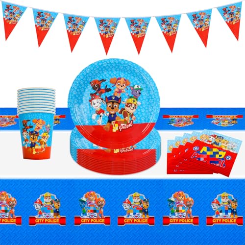 Heartsking Birthday Party Tableware 52 Stück Paw Dog Geburtstag Deko Partygeschirr Set ,Geschirrset mit Party Pappteller Becher Servietten Tischdecke Trinkhalme Kindergeburtstag Geburtstagsdeko von Heartsking