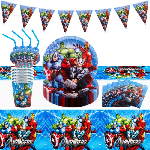 Heartsking Birthday Party Tableware 52 Stück Superhelden Geburtstag Deko PartygeschirrSet, Geschirrset mit Avengers Party Pappteller Becher Servietten Tischdecke Trinkhalme von Heartsking