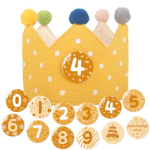Heartsking Geburtstagskrone Junge & Mädchen, Musselin Krone Geburtstag Zweifarbig, Kinder Geburtstagskrone mit Zahlen von 0-9, Partyhüte Party Deko, für den Kindergeburtstag (Gelb) von Heartsking