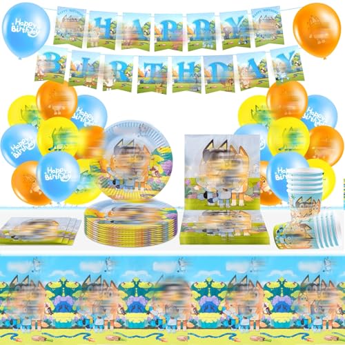 Kindergeburtstag Partygeschirr, 60 Stück Dog Geburtstags Deko Cartoon Theme Party Geburtstagsdeko Geschirr Kit mit Banner,Luftballon,Servietten,Tischdecken für Junge und Mädchen 359485031 von Heartsking