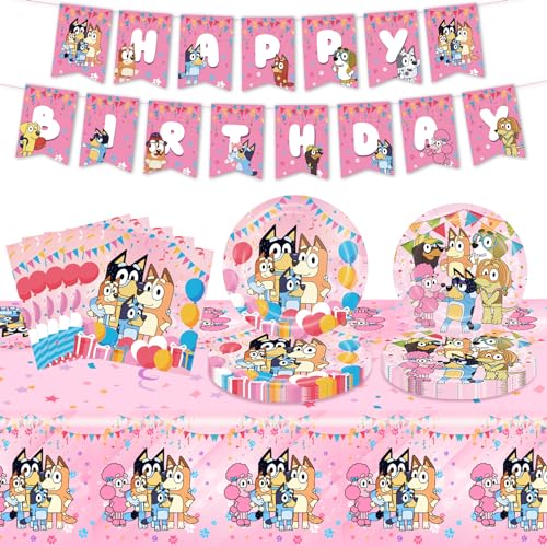 Partygeschirr Geburtstagsdeko, 42 Stück Bluey Birthday Decorations Party Deko, Rosa Geburtstag Deko Geschirr Kit Partygeschirr Pappteller Banner Servietten Teller Tischdecken für Kinder von Heartsking