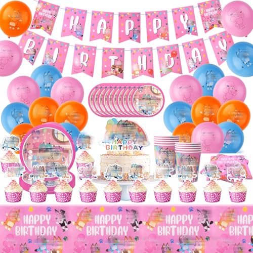 Partygeschirr Geburtstagsdeko, 95 Stück Geburtstag Party Deko Rosa Dog Theme Kindergeburtstag Set mit Luftballons, Geburtstag Banner, Tortendeko, Teller Servietten Tischdecke für 10-20 Personen von Heartsking