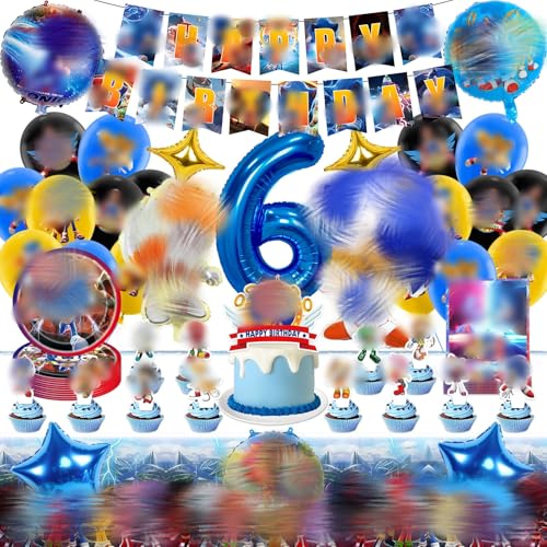 Partygeschirr Geburtstagsdeko 6 Jahre, 65 Stück Sonic Geburtstag Deko Cartoon Themed Partyzubehör Set mit Luftballon, Banner, Tortendeko, Tischdecke Party Dekoration für Junge Mädchen Partygeschirr Geburtstagsdeko 6 Jahre, 65 Stück Sonic Geburtstag Deko Cartoon Themed Partyzubehör Set mit Luftballon, Banner, Tortendeko, Tischdecke Party Dekoration für Junge Mädchen von Heartsking
