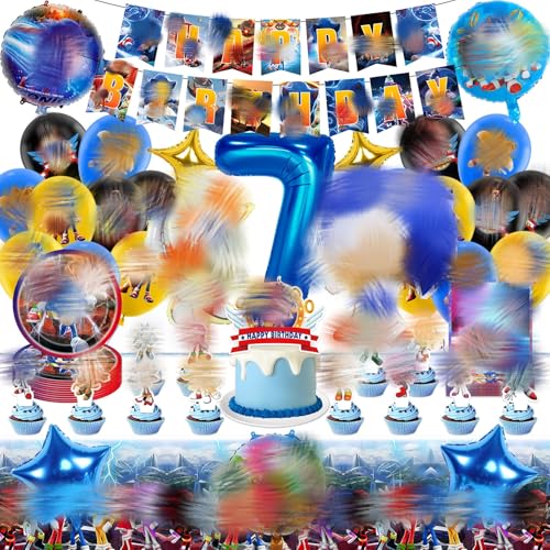 Partygeschirr Geburtstagsdeko 7 Jahre, 65 Stück Geburtstag Deko Cartoon Themed Partyzubehör Set mit Luftballon, Banner, Tortendeko, Tischdecke Party Dekoration für Junge Mädchen Partygeschirr Geburtstagsdeko 7 Jahre, 65 Stück Geburtstag Deko Cartoon Themed Partyzubehör Set mit Luftballon, Banner, Tortendeko, Tischdecke Party Dekoration für Junge Mädchen von Heartsking