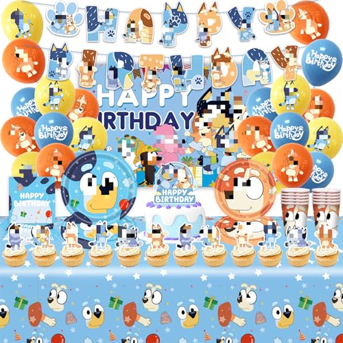 Partygeschirr Geburtstagsdeko,84 Stück Blue Dog Birthday Decorations,Blau Geburtstag Party Deko Geschirr Kit Pappteller,Banner,Servietten,Pappbecher,Tischdecken,Luftballons,Toppers,Hintergrundtuch von Heartsking