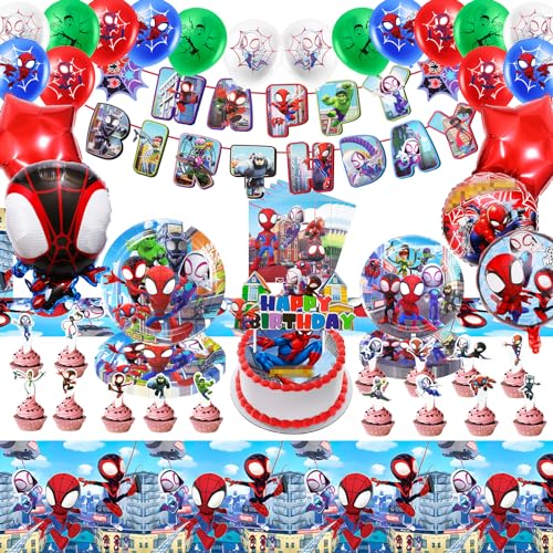 Partygeschirr Kindergeburtstag, 79 Stück Spider Geburtstagsdeko Deko Geburtstag Kinder mit Spidey Party Set-Banner Luftballons Servietten Tischdecke Geburtstag Deko für 10 Kinder von Heartsking